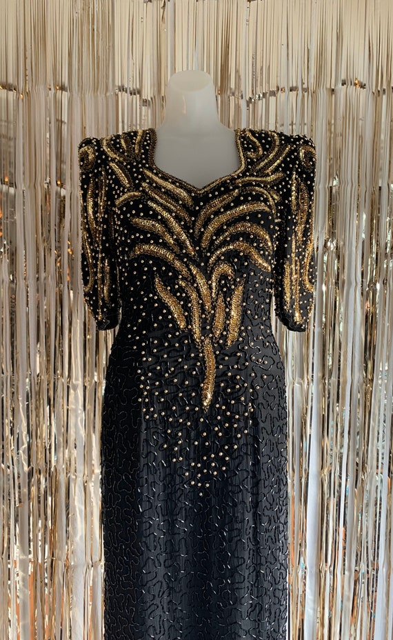 Vintage 80s Black and Gold Sequin Gown - image 2