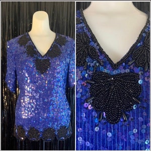 Vintage 80s Stenay Top with Blue Sequins and Black Beading