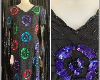 80s Vintage Black dress with sequin flowers