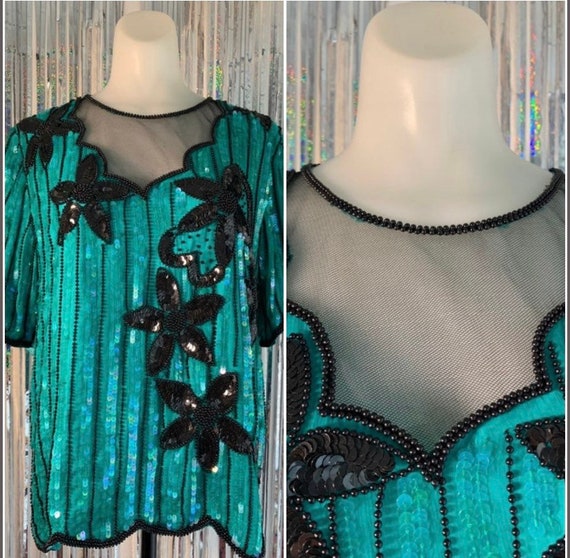 Vintage Green and Black Sequin Top - image 1