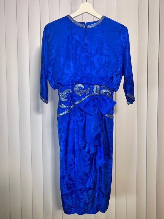 Vintage 80s Petite Blue Silk Dress with Sequins - image 2