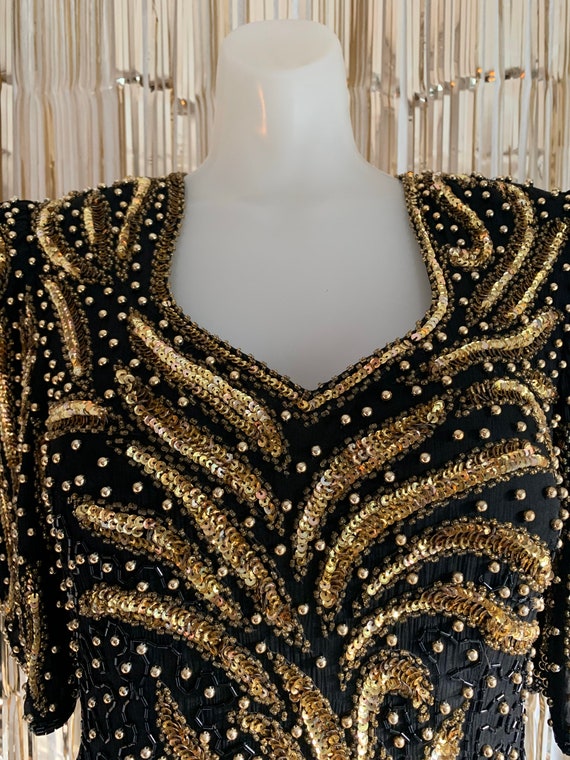 Vintage 80s Black and Gold Sequin Gown - image 5