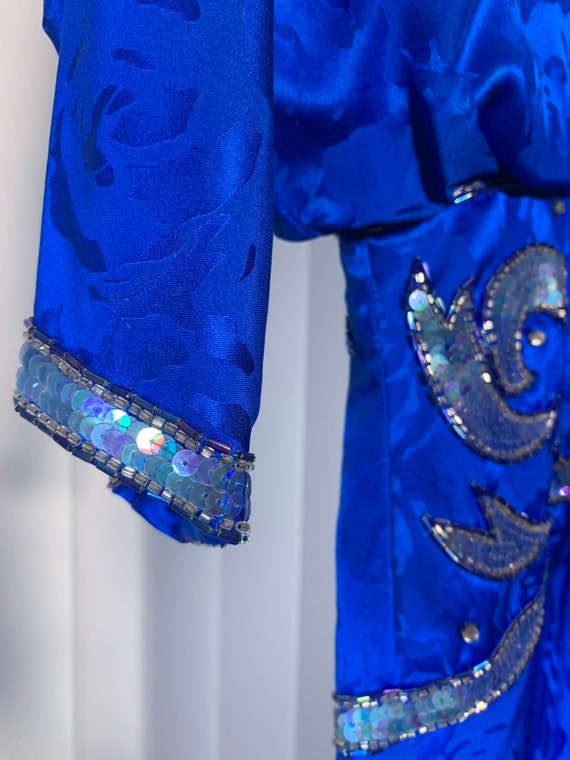 Vintage 80s Petite Blue Silk Dress with Sequins - image 6