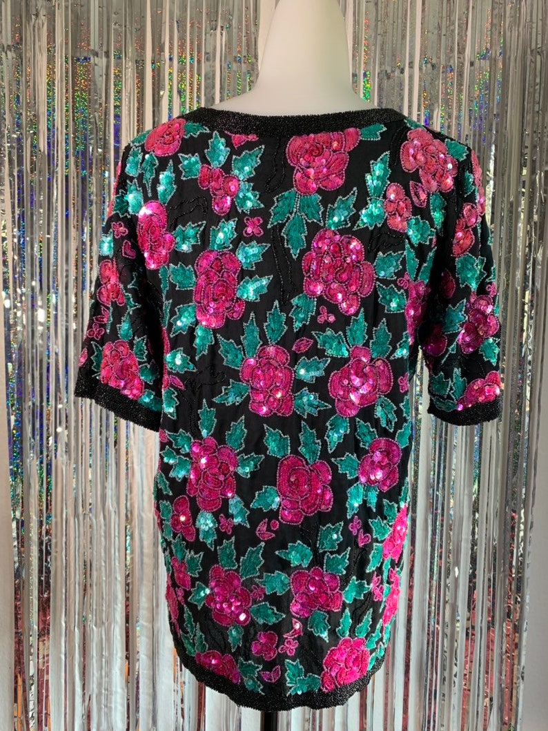 Vintage Black top with sequin roses and leaves image 6