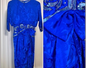 Vintage 80s Petite Blue Silk Dress with Sequins