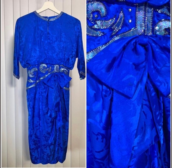 Vintage 80s Petite Blue Silk Dress with Sequins - image 1