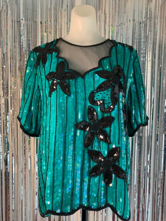 Vintage Green and Black Sequin Top - image 2