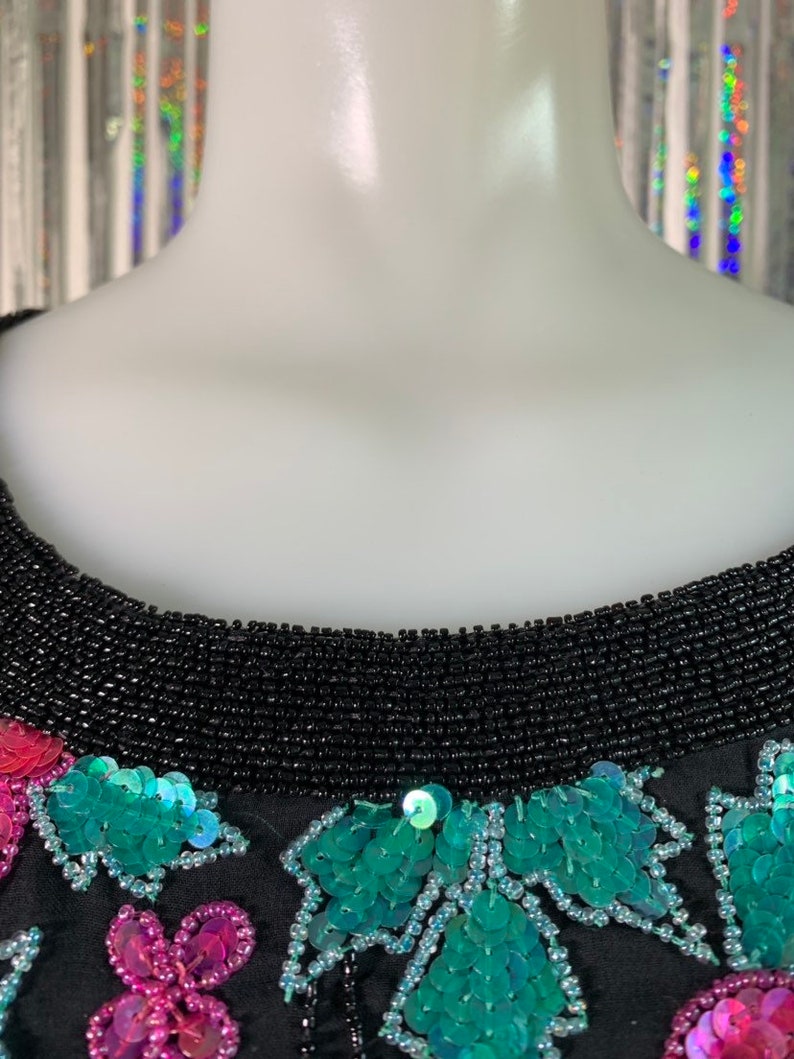 Vintage Black top with sequin roses and leaves image 3