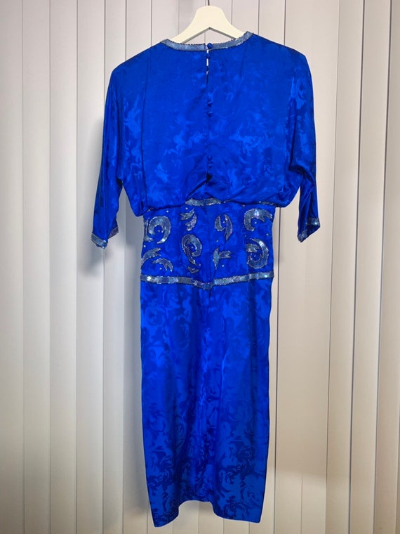 Vintage 80s Petite Blue Silk Dress with Sequins - image 7