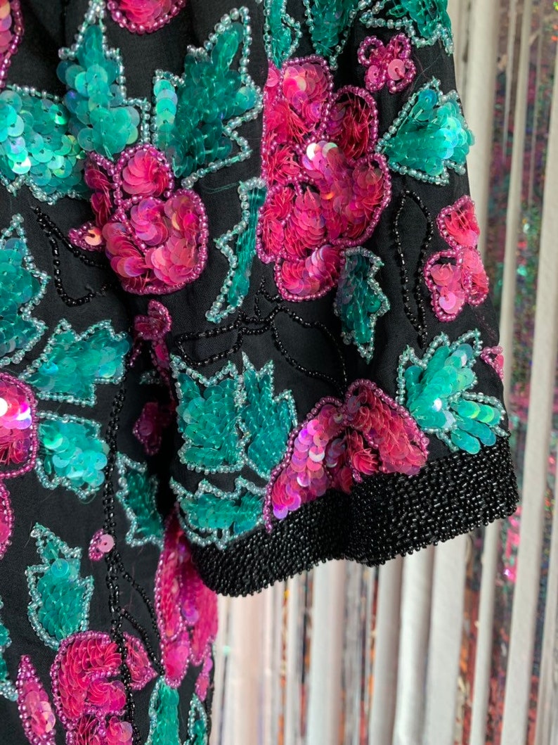 Vintage Black top with sequin roses and leaves image 5