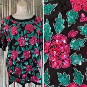 Vintage Black top with sequin roses and leaves image 1