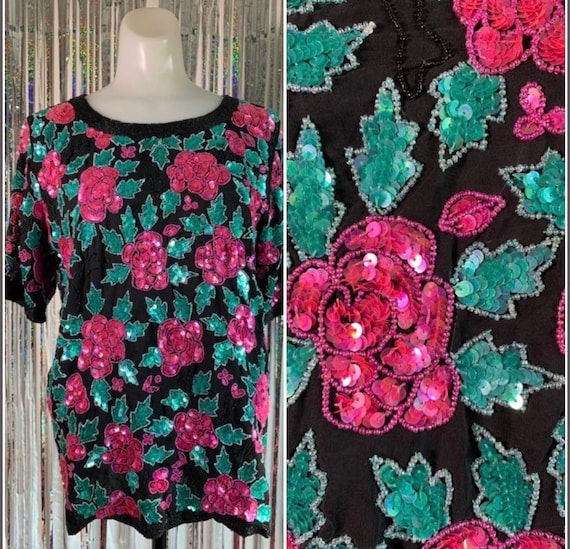 Vintage Black top with sequin roses and leaves - image 1