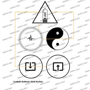 Può includere: Un design grafico in bianco e nero con una lampadina all'interno di un triangolo, un cerchio con una linea del battito cardiaco, un simbolo yin-yang e due icone quadrate con frecce rivolte verso il basso e verso l'alto. Il testo Symbolic Radionics Wish Machine è in basso.
