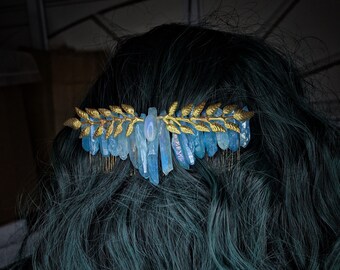 Angel aura & Moonstone Blue crystal gold hair comb