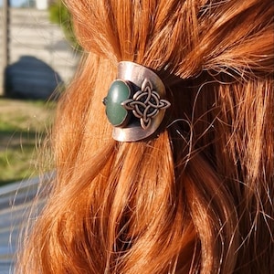 Celtic Knot Green Aventurine Copper Hair Cuff | Handmade Hair Accessory | Oxidized Copper Finish