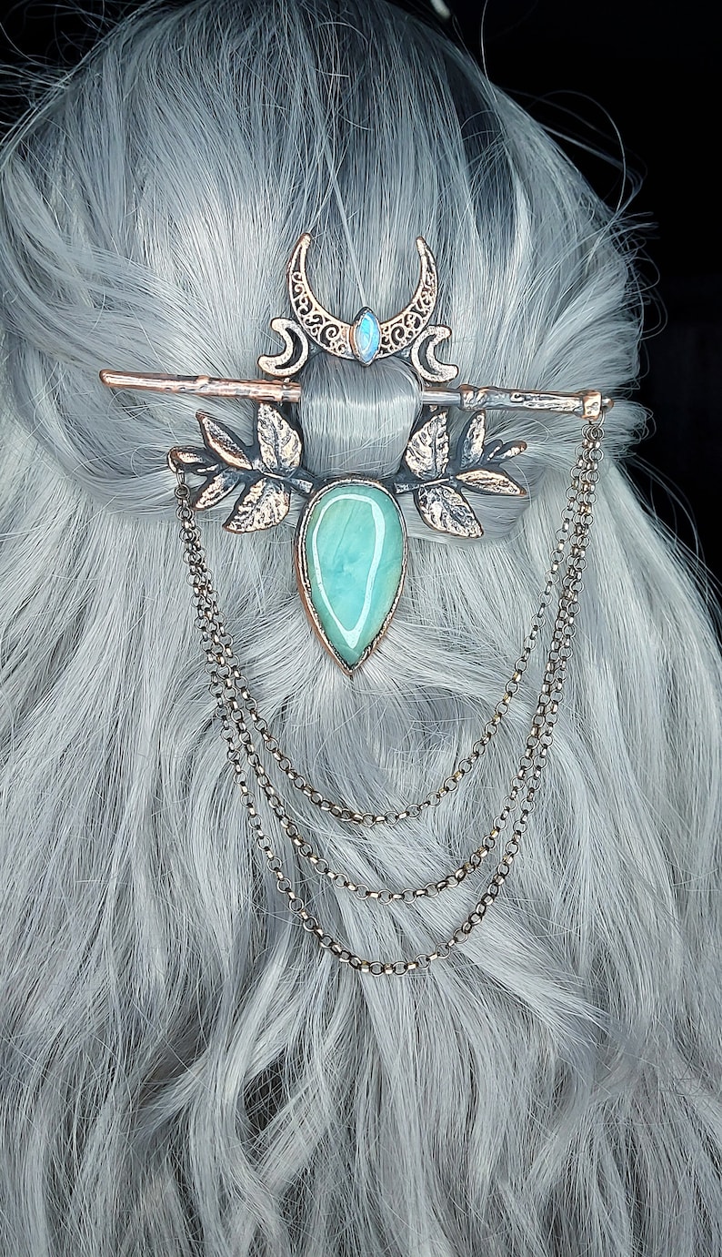 Amazonite and Moonstone handmade Silver / copper hair pin image 5