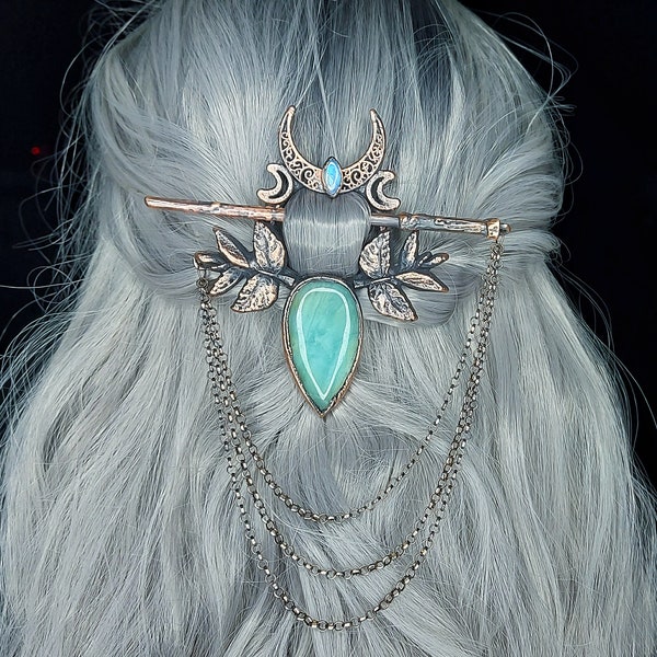 Épingle à cheveux en argent / cuivre faite main en Amazonite et pierre de lune