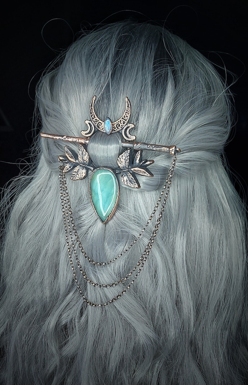 Amazonite and Moonstone handmade Silver / copper hair pin image 3