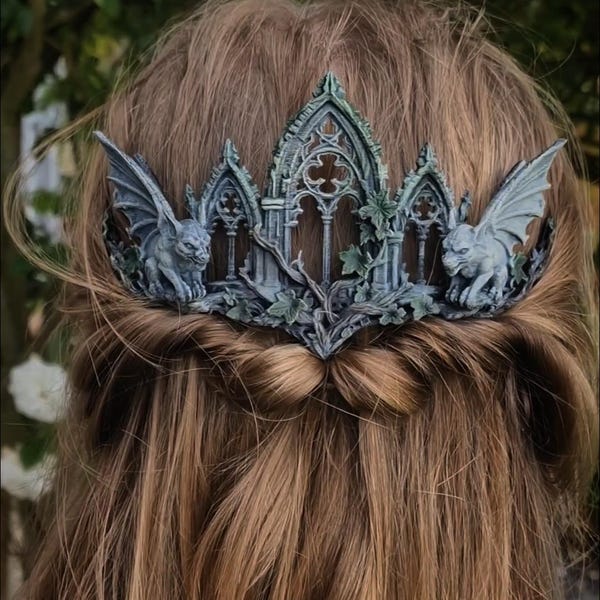 Gothic Gargoyle Cathedral Back Crown Hair Accessory. Hand Painted Fantasy Hair Piece