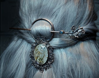 Barn Owl moonstone hair pin