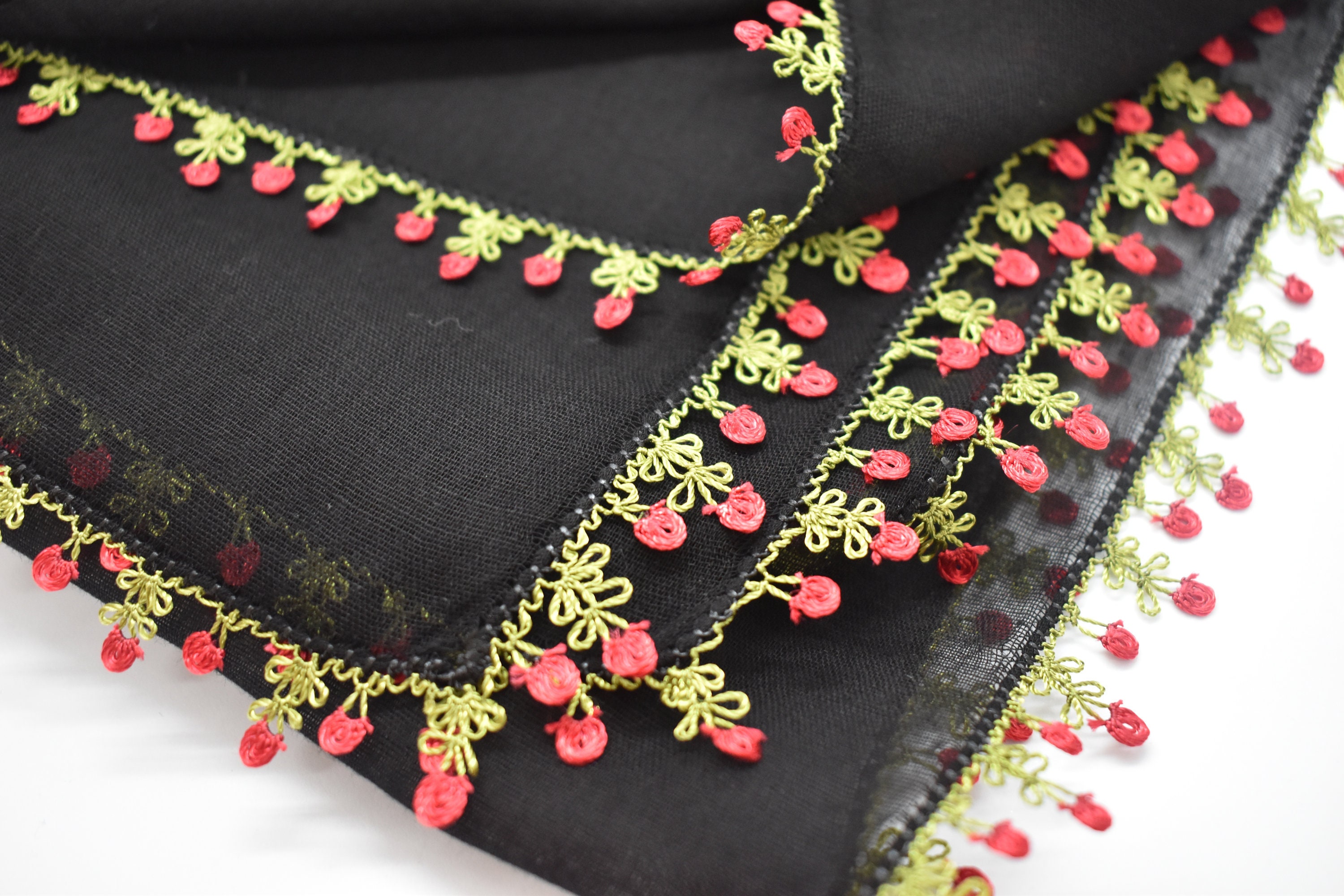 Black Red Cotton Scarves Cherry RedCherry Lace Oya Black Cotton Scarf Cotton embroidery scarf GiftsForHer Emboridery Cotton Shawl Wrap