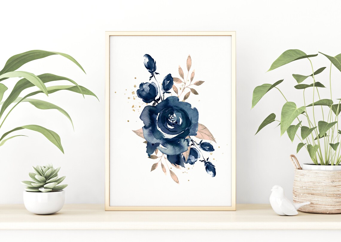Navy Blue Botanical Wall Art Roses Watercolor Wall Art Dark Etsy