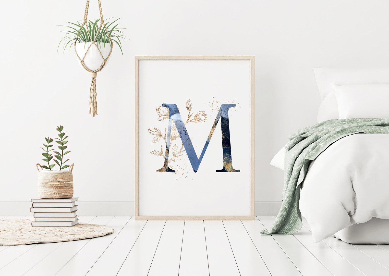 blue and gold initial print letter m wall art nursery letter etsy
