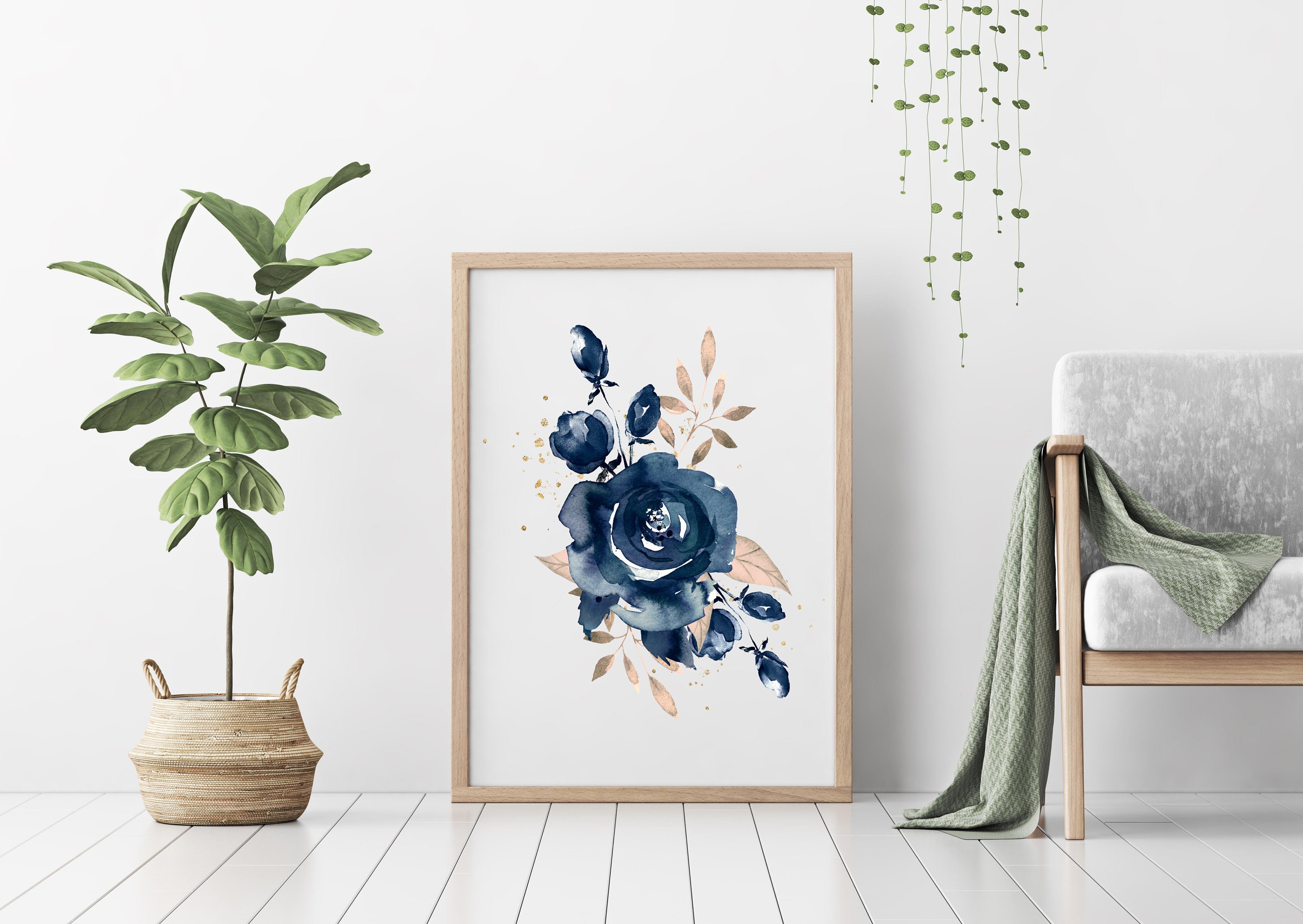 Navy Blue Botanical Wall Art Roses Watercolor Wall Art Dark Etsy