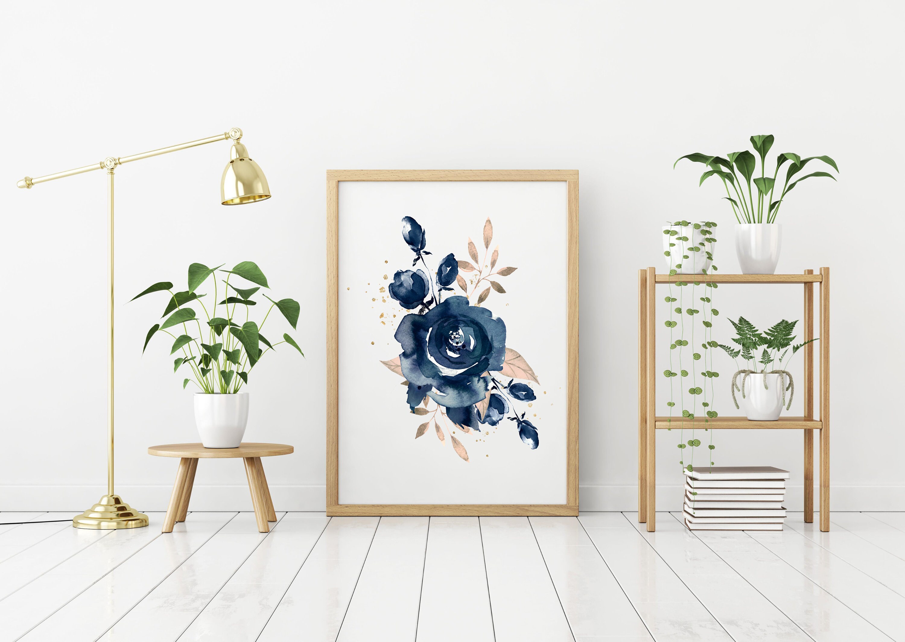 Navy Blue Botanical Wall Art Roses Watercolor Wall Art Dark Etsy