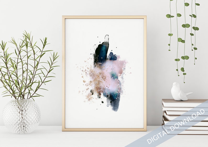 Modern Rose Gold and Blue Watercolor Printable Abstract Art Etsy