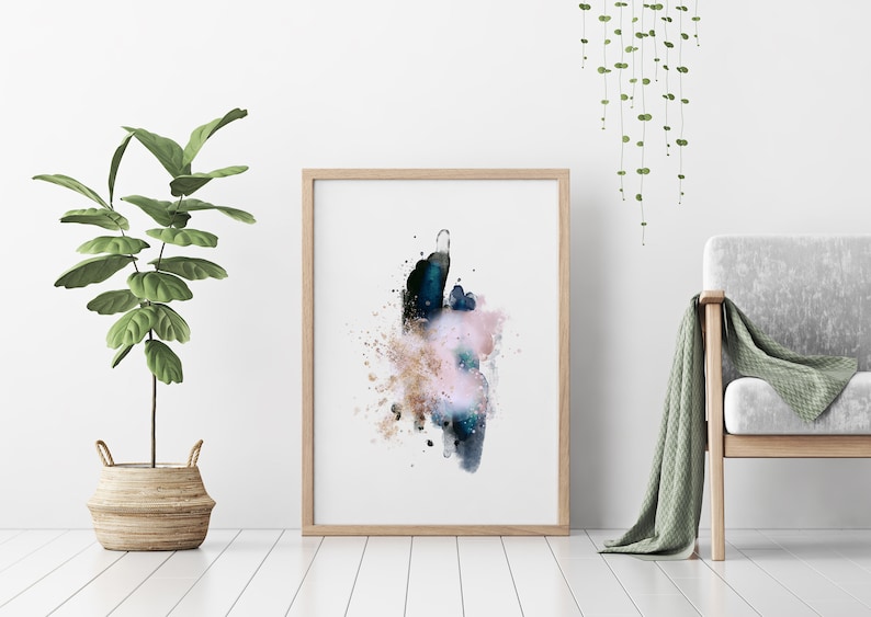 Modern Rose Gold and Blue Watercolor Printable Abstract Art Etsy