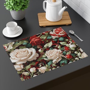 Mantel individual navideño con diseño de rosas navideñas, decoración de mesa festiva para cenas personalizadas, mantel individual de algodón de doble cara, 18" x 14"