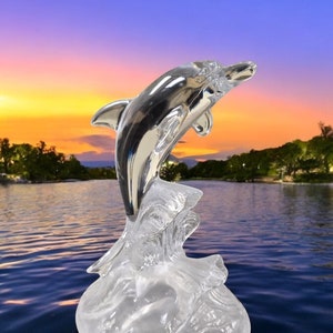 Vintage Cristal D&#39;Arques France Glass Dolphin In Waves Clear lead Crystal With Box