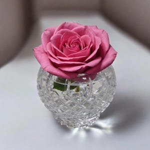 May include: A vibrant pink rose in full bloom sits in a small, clear crystal vase. The vase has a round shape with a diamond-cut pattern. The rose's petals are a deep pink, and the vase reflects light, creating a delicate and elegant display.