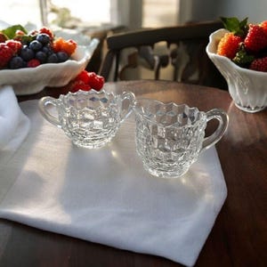 Vintage Depression Glass American Pattern Crystal Glass Tea Size Creamer and Open Sugar Set by Fostoria Glass Co Made In USA