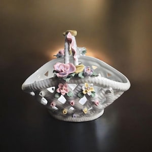 Vintage Porcelain Ceramic Easter Basket With Delicate Flowers