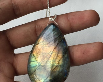 Rare Gold fleshy Labradorite Necklace, 925 Sterling Silver Pendant Labradorite Cabochon, Handmade Jewelry, Necklace Women 'Happy