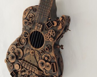 Steampunk Guitar Artwork, guitar lover gifts custom guitar pick industrial decor music gifts for men, music decor, bar steampunk furniture