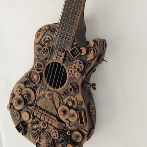 Steampunk Gitaar Artwork, gitaarliefhebber geschenken aangepaste gitaar pick industriële decor muziek geschenken voor mannen, muziek decor, bar steampunk meubels afbeelding 1