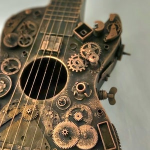 Steampunk Gitaar Artwork, gitaarliefhebber geschenken aangepaste gitaar pick industriële decor muziek geschenken voor mannen, muziek decor, bar steampunk meubels afbeelding 5