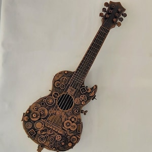 Steampunk Gitaar Artwork, gitaarliefhebber geschenken aangepaste gitaar pick industriële decor muziek geschenken voor mannen, muziek decor, bar steampunk meubels afbeelding 3