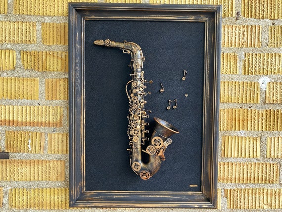 Mixed Media Saxophone Gifts, Abstract Industrial Art, Steampunk