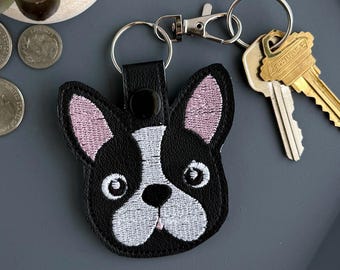 Boston Terrier Dog Snap Tab Embroidered Keychain, Key Fob, Bag Charm
