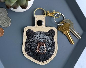 Black Bear Keychain | Realistic Embroidered Key Fob or Bag Charm | Wildlife Gift