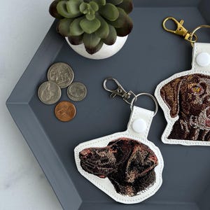 May include: Two dog-themed keychains with embroidered details. The keychains feature a brown dog portrait on a white background, attached to a metal clasp and ring. The keychains are displayed on a gray tray with a small succulent and coins.