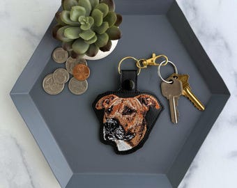 Pit Bull Terrier Keychain | Handmade Embroidered Staffordshire Bull Terrier Dog Key Fob | Gift for Staffy Pet Parent or Dog Lover