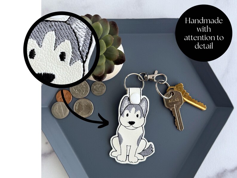 Embroidered Siberian Husky Keychain | Handmade Key Fob or Bag Charm | Great Gift for Pet Parent image 3