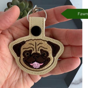 Pug Dog Embroidered Keychain, Gift for Dog Lover, Snap Tab Key Fob or Bag Charm, Black or Fawn Fawn