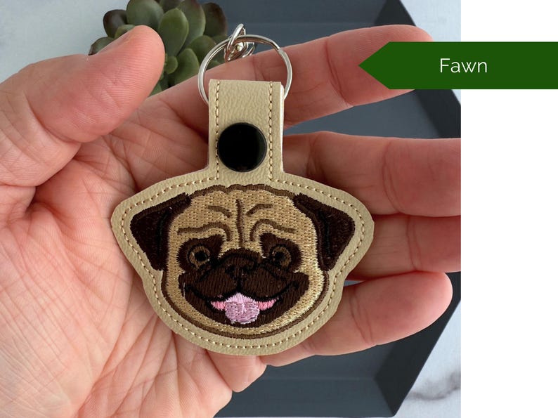 Pug Dog Embroidered Keychain, Gift for Dog Lover, Snap Tab Key Fob or Bag Charm, Black or Fawn Fawn