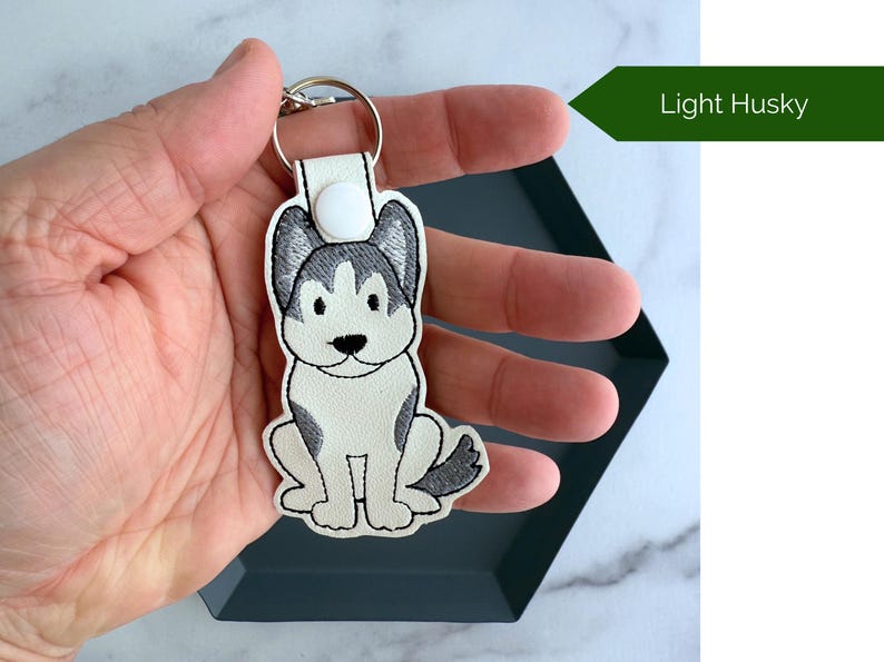 Embroidered Siberian Husky Keychain | Handmade Key Fob or Bag Charm | Great Gift for Pet Parent Light Husky